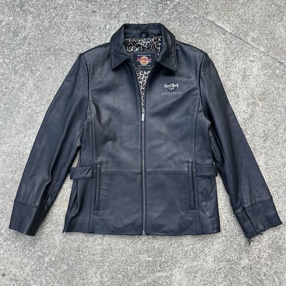 Vtg Hard Rock Cafe Myrtle Beach Leather Jacket Womens Large Black Embroidered - Picture 1 of 9